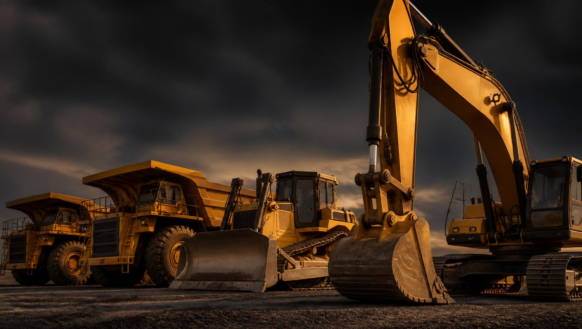 Fleet of heavy mining equipment including excavators and haul trucks