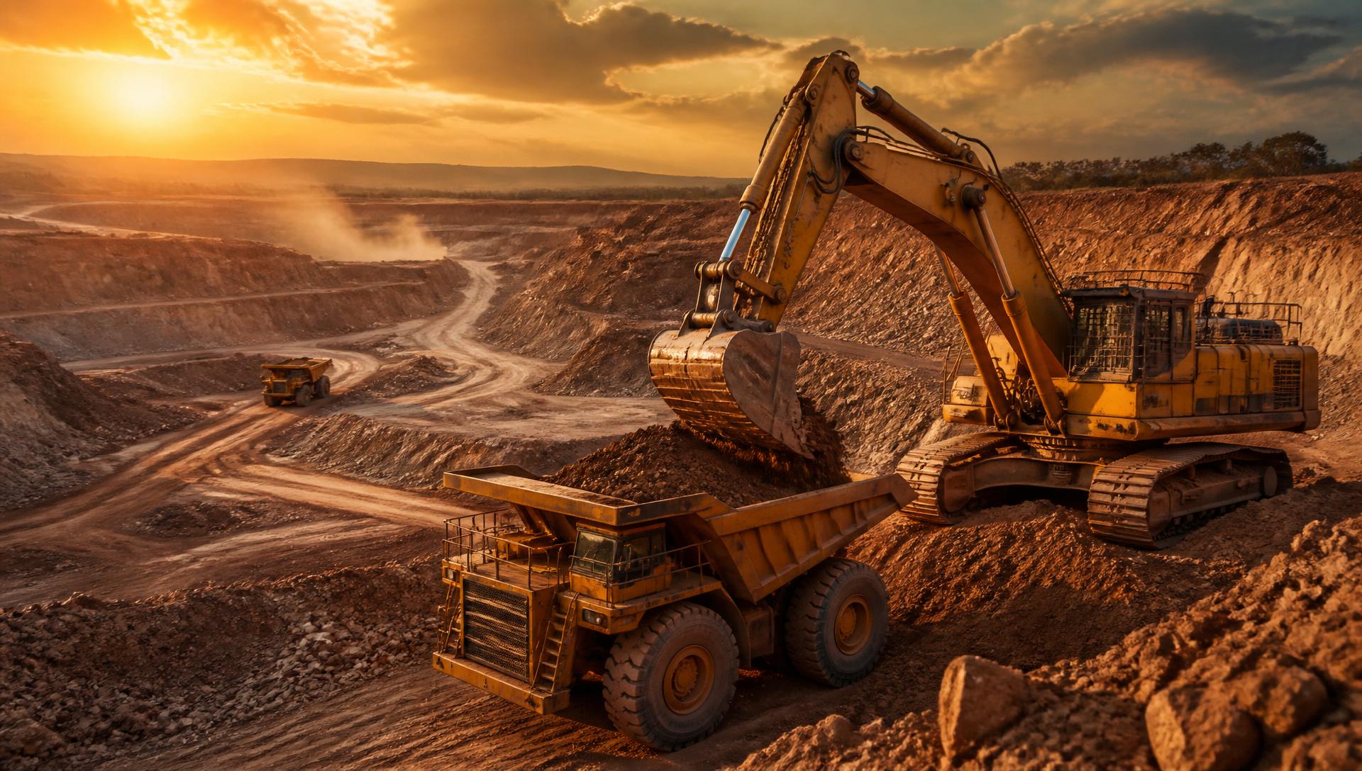 Open-pit mining operation at sunset with heavy excavators and haul trucks